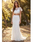Boho Lace Two-Piece Wedding Dress with Sheer Floral Top for Outdoor Summer Ceremonies