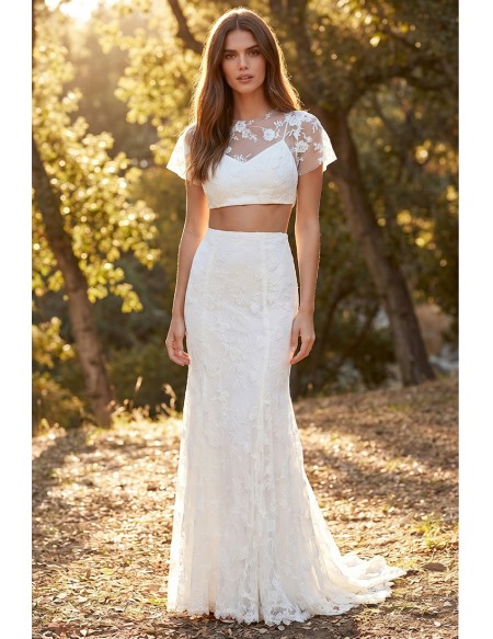 Boho Lace Two-Piece Wedding Dress with Sheer Floral Top for Outdoor Summer Ceremonies