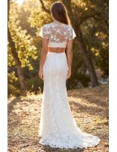 Boho Lace Two-Piece Wedding Dress with Sheer Floral Top for Outdoor Summer Ceremonies