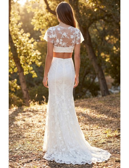 Boho Lace Two-Piece Wedding Dress with Sheer Floral Top for Outdoor Summer Ceremonies