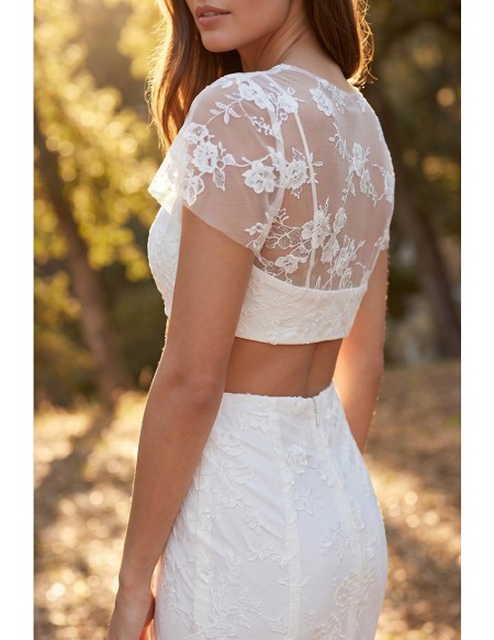 Boho Lace Two-Piece Wedding Dress with Sheer Floral Top for Outdoor Summer Ceremonies