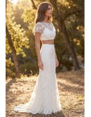 Boho Lace Two-Piece Wedding Dress with Sheer Floral Top for Outdoor Summer Ceremonies