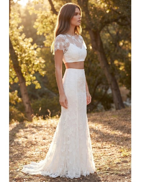 Boho Lace Two-Piece Wedding Dress with Sheer Floral Top for Outdoor Summer Ceremonies