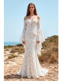 Boho Lace Long-Sleeve Wedding Dress with Deep V Back for Outdoor Beach Ceremonies