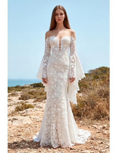Boho Lace Long-Sleeve Wedding Dress with Deep V Back for Outdoor Beach Ceremonies
