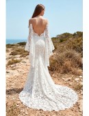 Boho Lace Long-Sleeve Wedding Dress with Deep V Back for Outdoor Beach Ceremonies