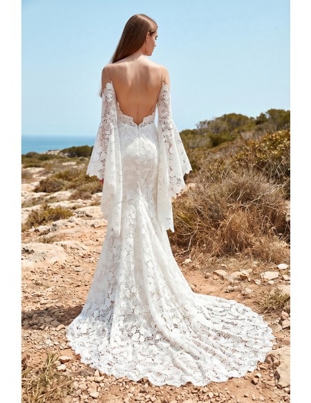 Boho Lace Long-Sleeve Wedding Dress with Deep V Back for Outdoor Beach Ceremonies
