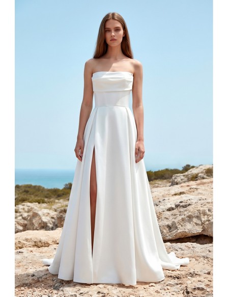 Strapless Satin A-Line Wedding Dress with Slit for Modern Beach Ceremonies