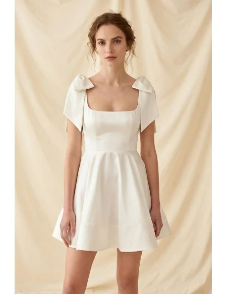 Short Satin Bow-Shoulder Wedding Dress for Courthouse or City Hall Bridal Moments