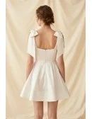 Short Satin Bow-Shoulder Wedding Dress for Courthouse or City Hall Bridal Moments