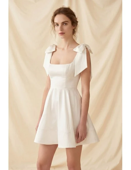 Short Satin Bow-Shoulder Wedding Dress for Courthouse or City Hall Bridal Moments