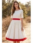 Vintage Tea-Length Polka Dot Wedding Dress with Red Sash for Courthouse Ceremonies
