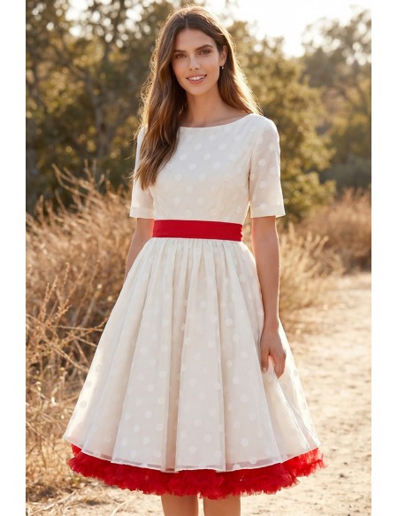 Vintage Tea-Length Polka Dot Wedding Dress with Red Sash for Courthouse Ceremonies