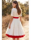 Vintage Tea-Length Polka Dot Wedding Dress with Red Sash for Courthouse Ceremonies