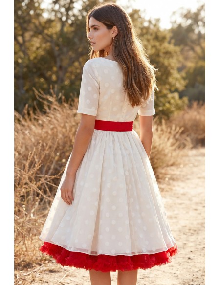 Vintage Tea-Length Polka Dot Wedding Dress with Red Sash for Courthouse Ceremonies