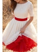 Vintage Tea-Length Polka Dot Wedding Dress with Red Sash for Courthouse Ceremonies