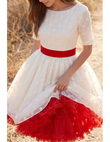 Vintage Tea-Length Polka Dot Wedding Dress with Red Sash for Courthouse Ceremonies