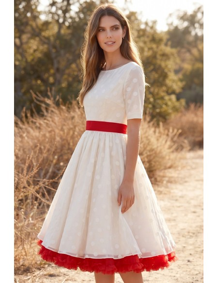 Vintage Tea-Length Polka Dot Wedding Dress with Red Sash for Courthouse Ceremonies