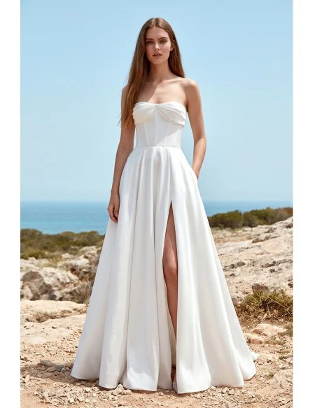 Strapless Satin A-Line Wedding Dress with Slit for Modern Beach Ceremonies