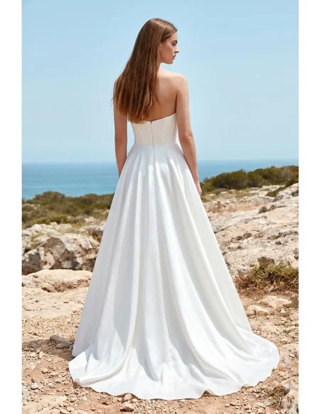 Strapless Satin A-Line Wedding Dress with Slit for Modern Beach Ceremonies