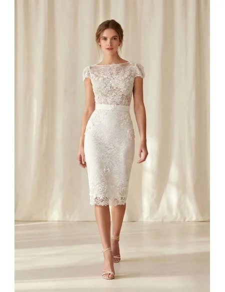 Elegant Lace Midi Wedding Dress with Illusion Back for Courthouse Ceremonies