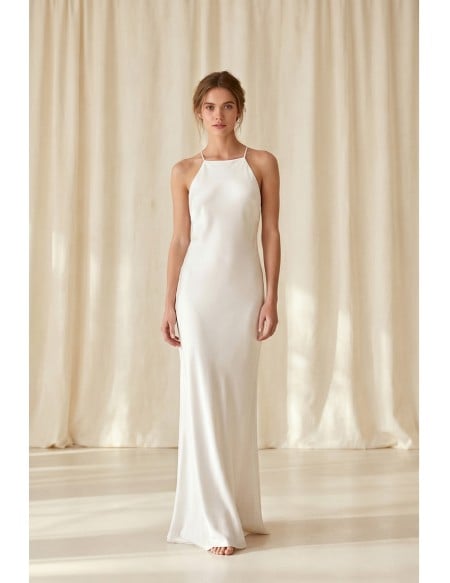 Minimalist Satin Slip Wedding Dress with Cross-Back Straps for Beach or Elopement Weddings