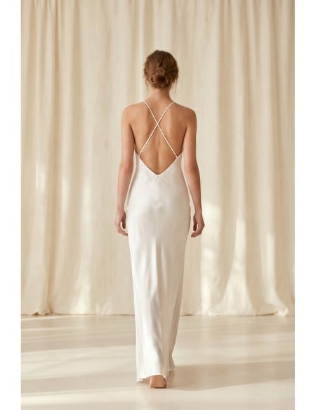 Minimalist Satin Slip Wedding Dress with Cross-Back Straps for Beach or Elopement Weddings