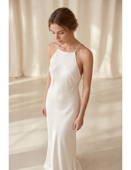 Minimalist Satin Slip Wedding Dress with Cross-Back Straps for Beach or Elopement Weddings