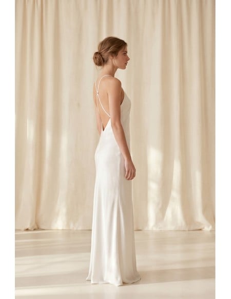 Minimalist Satin Slip Wedding Dress with Cross-Back Straps for Beach or Elopement Weddings
