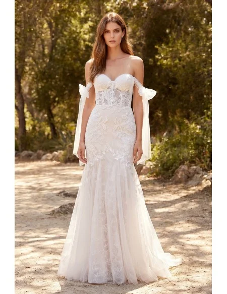 Romantic Lace Mermaid Wedding Dress with Off-Shoulder Tie Sleeves for Outdoor Garden Ceremonies
