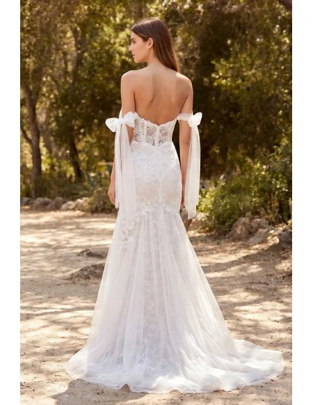 Romantic Lace Mermaid Wedding Dress with Off-Shoulder Tie Sleeves for Outdoor Garden Ceremonies