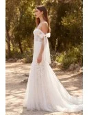 Romantic Lace Mermaid Wedding Dress with Off-Shoulder Tie Sleeves for Outdoor Garden Ceremonies