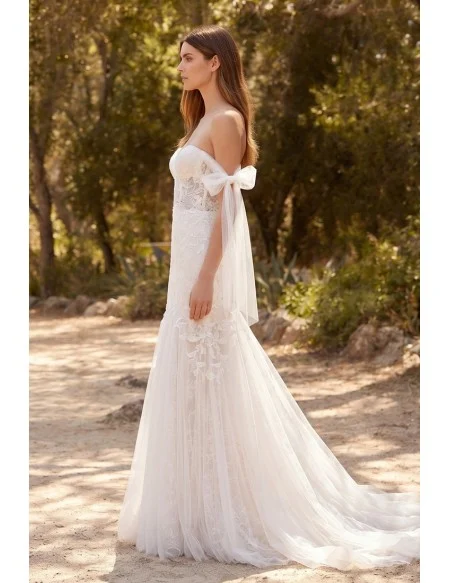 Romantic Lace Mermaid Wedding Dress with Off-Shoulder Tie Sleeves for Outdoor Garden Ceremonies