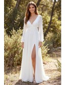 Boho Long Sleeve Backless Wedding Dress with Front Slit for Outdoor Garden Ceremonies