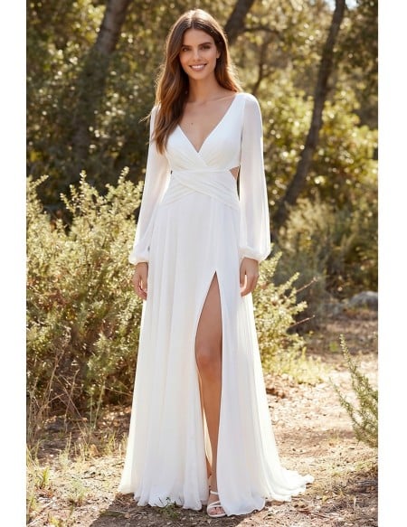 Boho Long Sleeve Backless Wedding Dress with Front Slit for Outdoor Garden Ceremonies