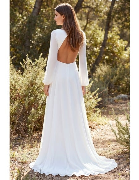 Boho Long Sleeve Backless Wedding Dress with Front Slit for Outdoor Garden Ceremonies