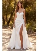 Strapless Satin Wedding Dress with High Slit for Romantic Outdoor Ceremonies