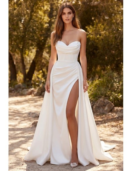 Strapless Satin Wedding Dress with High Slit for Romantic Outdoor Ceremonies