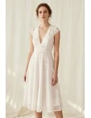 Lace Midi Wedding Dress with Cap Sleeves and V-Neck for Courthouse Ceremonies