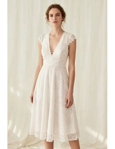 Lace Midi Wedding Dress with Cap Sleeves and V-Neck for Courthouse Ceremonies