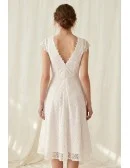 Lace Midi Wedding Dress with Cap Sleeves and V-Neck for Courthouse Ceremonies