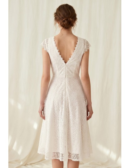 Lace Midi Wedding Dress with Cap Sleeves and V-Neck for Courthouse Ceremonies
