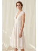 Lace Midi Wedding Dress with Cap Sleeves and V-Neck for Courthouse Ceremonies