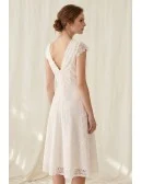 Lace Midi Wedding Dress with Cap Sleeves and V-Neck for Courthouse Ceremonies