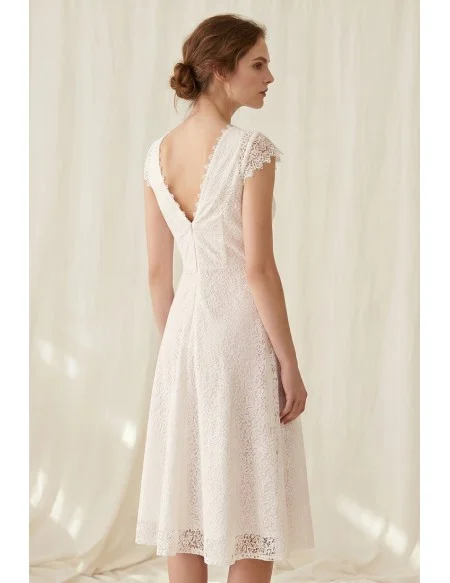 Lace Midi Wedding Dress with Cap Sleeves and V-Neck for Courthouse Ceremonies