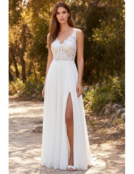 Boho Lace Open-Back A-Line Wedding Dress with Slit for Outdoor Summer Ceremonies