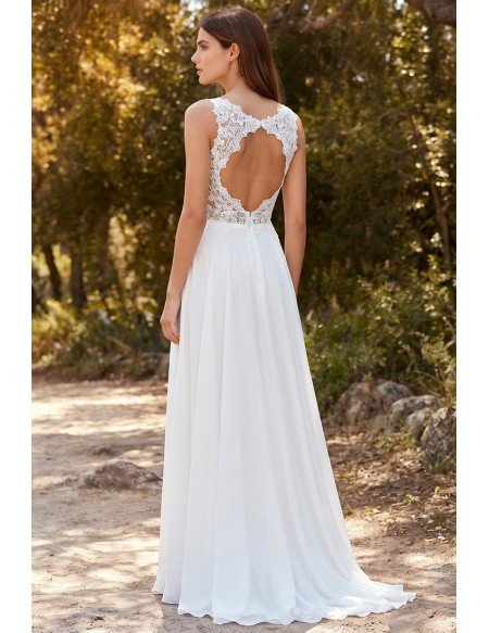 Boho Lace Open-Back A-Line Wedding Dress with Slit for Outdoor Summer Ceremonies