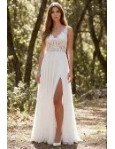 Boho Lace Bodice Wedding Dress with Leg Slit for Outdoor Forest Ceremonies