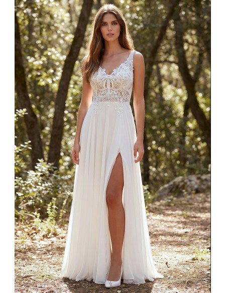 Boho Lace Bodice Wedding Dress with Leg Slit for Outdoor Forest Ceremonies