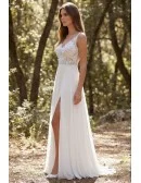 Boho Lace Bodice Wedding Dress with Leg Slit for Outdoor Forest Ceremonies